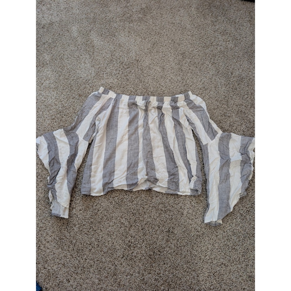 Shyanne Grey White Striped Off Shoulder Bell Sleeve Ruffle Top Medium